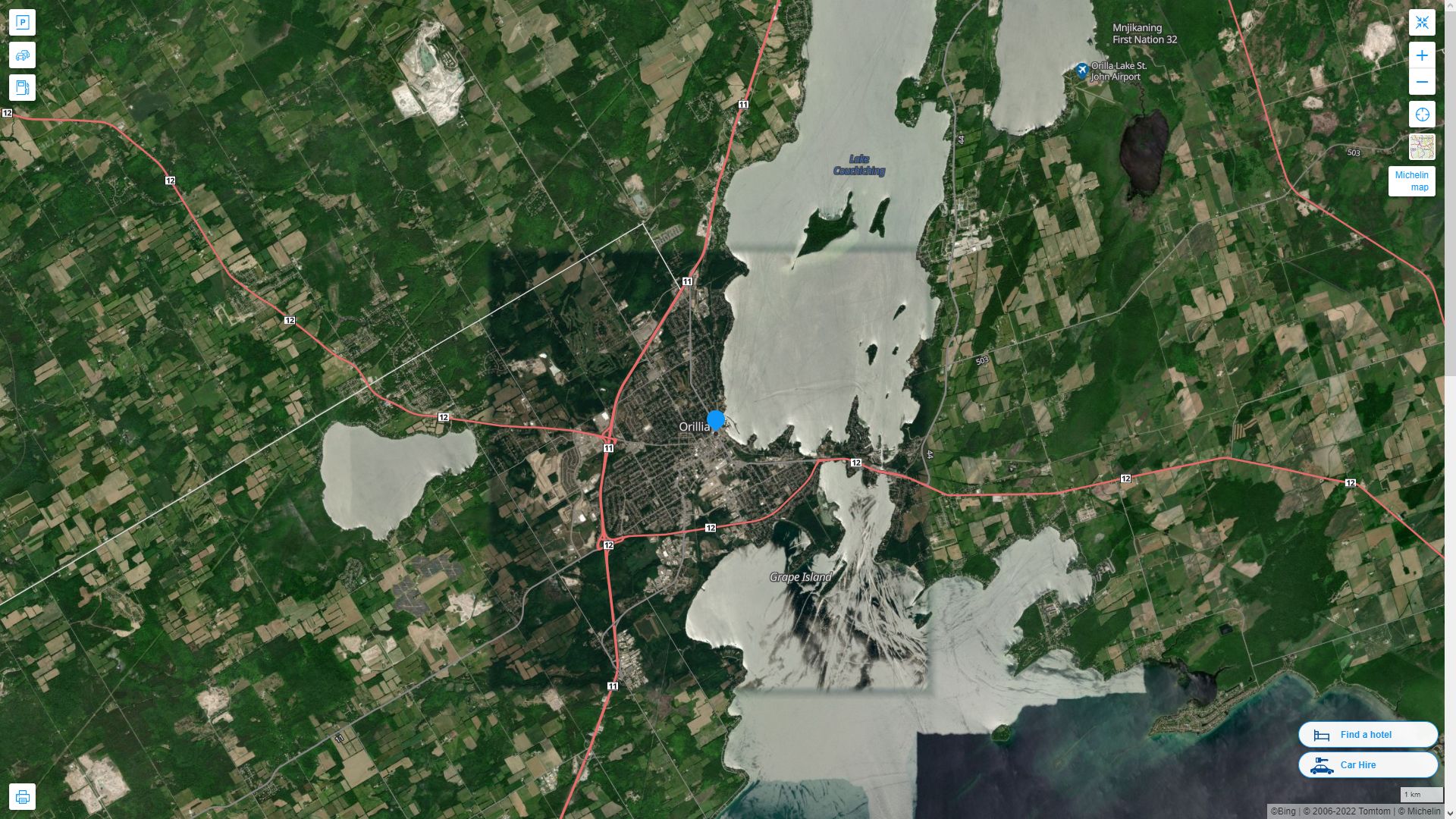 Orillia Canada Autoroute et carte routiere avec vue satellite